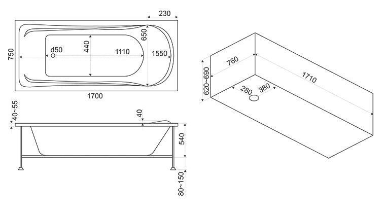 Акриловая ванна BAS Мальта 170x75
