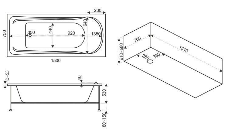 Акриловая ванна BAS Бриз 150x75